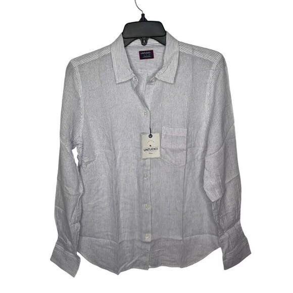 Untuckit Top Women 6 White Blue Stripe Angelen Linen Blend Button Down Shirt NWT - Picture 1 of 7
